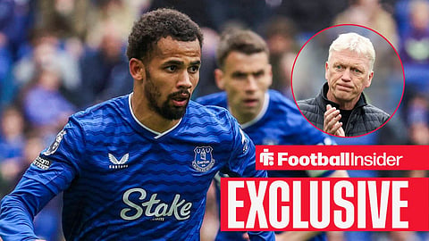 Everton's Iliman Ndiaye looking right in action with Seamus Coleman behind him and manager David Moyes clapping looking upset right inset