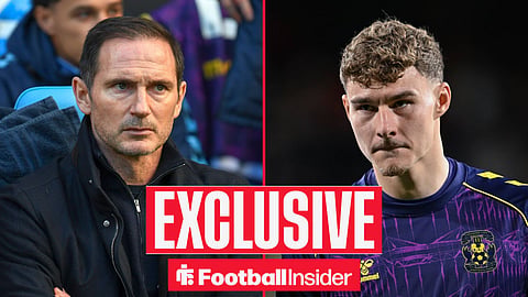 Football Insider exclusive as Coventry City manager Frank Lampard stares across a split image towards goalkeeper Carl Rushworth.
