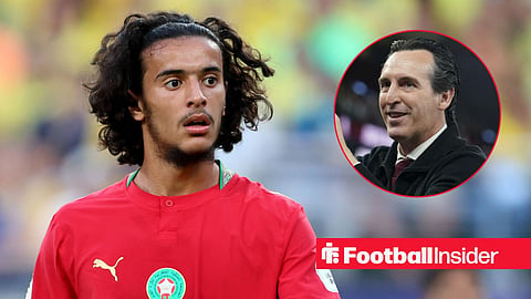 Ayyoub Bouaddi in action for Morocco, with Unai Emery in a circular inset