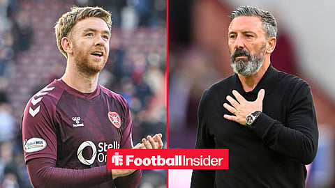 Split image of Hearts defender Stuart Findlay clapping the crowd after a game and Rangers linked manager Derek McInnes with his hand on his heart at a stadium