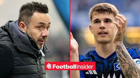 Roberto De Zerbi on the sidelines for Tottenham, with Luka Vuskovic applauding the Hamburg fans