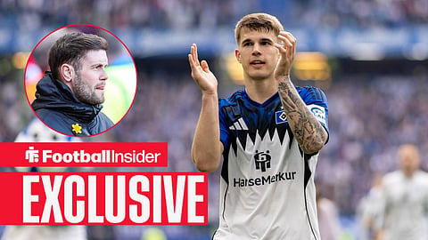 Football Insider exclusive as Tottenham defender Luka Vuskovic applauds after a game for Hamburg, while Brighton manager Fabian Hurzeler watches from a circular inset.