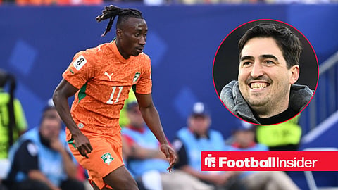 Yan Diomande in action for the Ivory Coast in a World Cup game against Ecuador, alongside a circular inset of Liverpool manager Andoni Iraola smiling