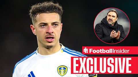 Football Insider exclusive as Leeds captain Ethan Ampadu stares towards manager Daniel Farke, who applauds in a circular inset.