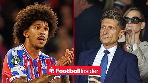 Chris Richards applauding mid-game for Crystal Palace, with Steve Parish looking focused in the stands