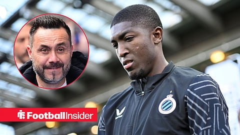 Joel Ordonez walking out before a Club Brugge match with his head down alongside a circular inset of Tottenham manager Roberto De Zerbi.