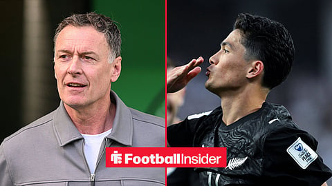 Chris Sutton smiling on the left and Elijah Just celebrating after scoring past Iran at the World Cup on the right