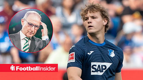 Hoffenheim's Cole Campbell looking annoyed in a game with Celtic manager Martin O'Neill touching his head looking downwards in suit left inset