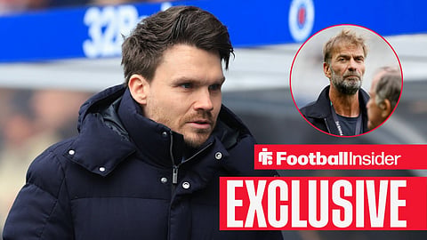 Football Insider exclusive as outgoing Rangers manager Danny Rohl stares towards Jurgen Klopp, who watches from a circular inset.