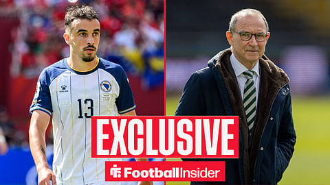 Football Insider exclusive as Bosnia midfielder Ivan Basic stares across a split image towards Celtic manager Martin O'Neill.