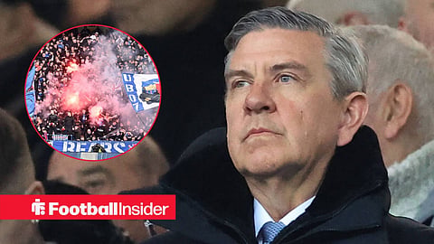 Rangers chairman Andrew Cavenagh in stands in a coat with wide shot of Rangers fans at Ibrox with flares left inset