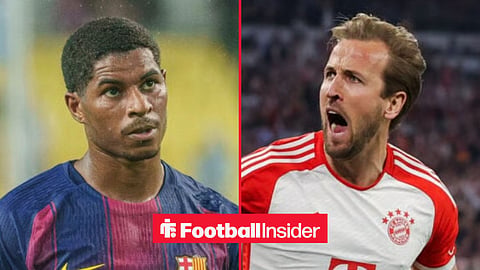 Man United loanee Marcus Rashford in action for Barcelona, with Harry Kane celebrating a goal for Bayern Munich