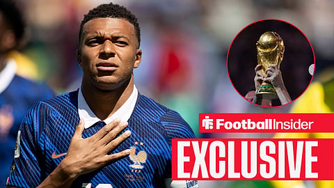 Kylian Mbappe in France shirt ahead of World Cup showdown vs Senegal with World Cup trophy being held up in circle