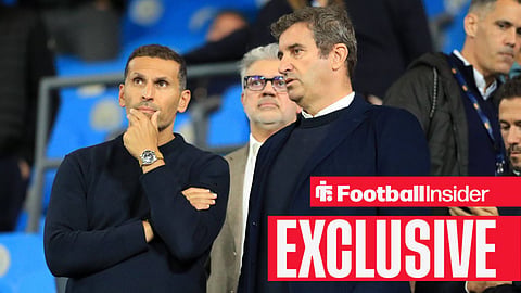 Football Insider exclusive as Man City chairman Khaldoon Al-Mubarak is in the stands with one hand across his mouth.