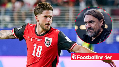 Romano Schmid celebrating a goal for Austria at the World Cup against Jordan alongside a neutral looking Daniel Farke.