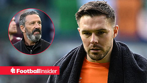Jack Butland walking off the Ibrox pitch with a towel around his neck and Derek McInnes smiling in a coat left inset