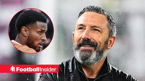 Main image of Derek McInnes clapping in the rain after winning as Hearts manager and an image of Rangers striker Youssef Chermiti's face in circular inset on the left