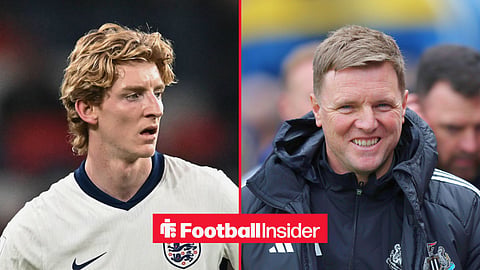 Split image of Anthony Gordon looking on after an England game at Wembley and Newcastle United manager Eddie Howe smiling during a Premier League match at Selhurst Park