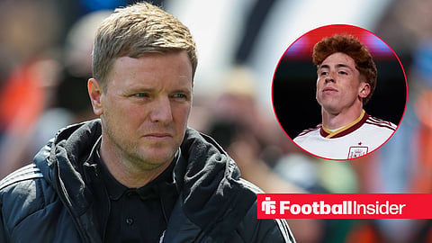Eddie Howe looking annoyed walking down sideline in a coat with Victor Munoz celebrating a goal with his arms out right inset