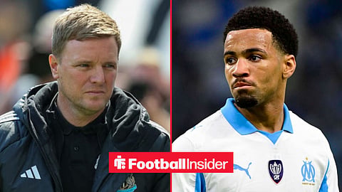 Eddie Howe looking focused on the sidelines, with Ethan Nwaneri in action for Marseille