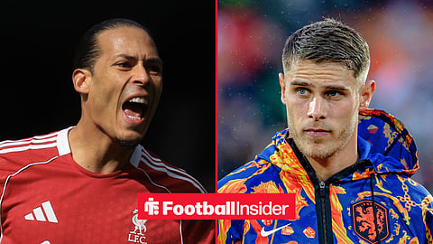 Split image of Virgil van Dijk screaming during a game for Liverpool and Tottenham Hotspur star Micky van de Ven standing in the rain before kickoff in a Netherlands game