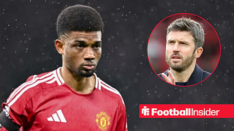 Amad Diallo looking focused at Man United, with Michael Carrick in a circular inset