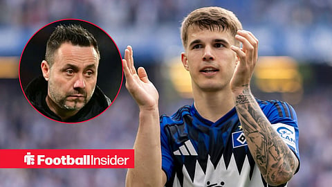 Luka Vuskovic applauding for Hamburg, with Roberto De Zerbi in a circular inset