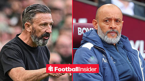 Split image of Derek McInnes handing out instructions while managing Hearts at Celtic Park and West Ham United manager Nuno Espirito Santo sitting on the bench at London Stadium