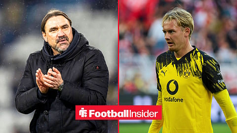 Split image of Leeds United manager Daniel Farke clapping the crown in the rain at Elland Road and Julian Brandt in action for Borussia Dortmund against RB Leipzig at the Signal Iduna Park