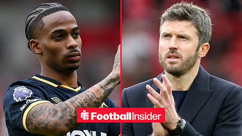 Crysencio Summerville with a neutral expression applauding, with Michael Carrick looking focused