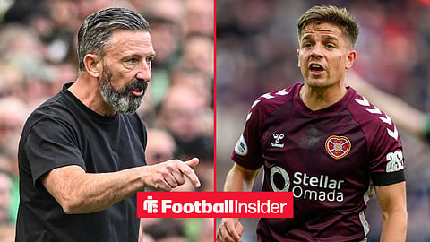 Derek McInnes getting a point across to his players on the touchline alongside Cammy Devlin in action for Hearts