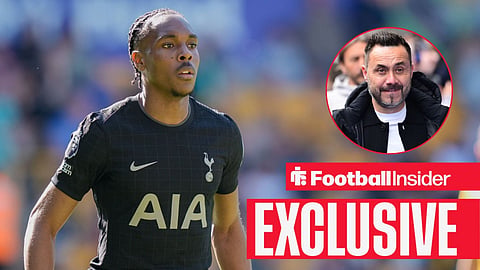 Football Insider exclusive as Tottenham foward Mathys Tel stares towards manager Roberto De Zerbi, who features in a circular inset.