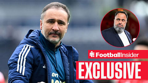 Football Insider exclusive as Nottingham Forest manager Vitor Pereira looks towards owner Evangelos Marinakis, who watches from a circular inset.