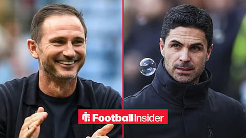 Frank Lampard smiling and clapping on the sidelines, with Mikel Arteta looking focused