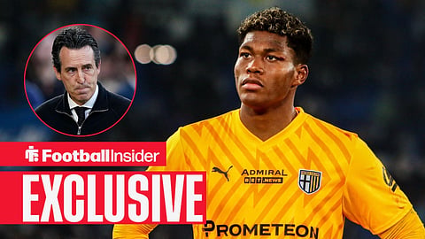 Football Insider exclusive as Parma goalkeeper Zion Suzuki stares across towards Aston Villa manager Unai Emery, who watches from a circular inset.