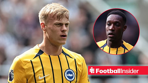 Jan Paul van Hecke starring into the distance during a Premier League match playing for Brighton alongside a circular inset of Brighton striker Danny Welbeck