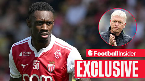 Folarin Balogun in action looking to right while frowning and David Moyes right inset clapping after a game with a glum expression