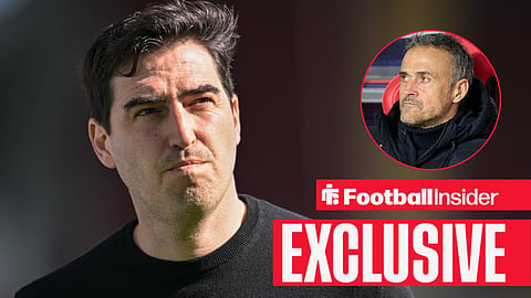 Andoni Iraola looking upwards on the sidelines with Luis Enrique sitting in the dugout looking at him right inset