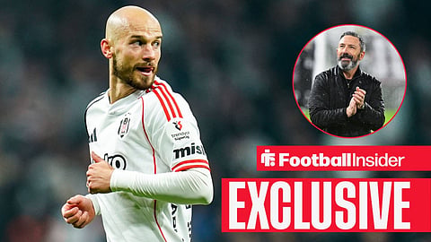 Football Insider exclusive as Besiktas winger Vaclav Cerny glances back over his shoulder towards Rangers manager Derek McInnes, who applauds in a circular inset.