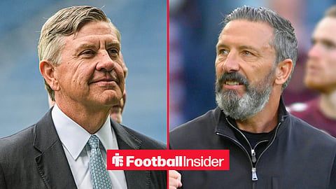 Split image of Rangers chairman Andrew Cavenagh smiling at Ibrox and Derek McInnes celebrating as Hearts manager