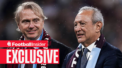 Football Insider exclusive as Aston Villa co-owners Wes Edens and Nassef Sawiris stand together wearing club scarves.