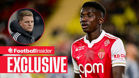 Football Insider exclusive as Lamine Camara is in action for Monaco, while Newcastle manager Eddie Howe watches from a circular inset.
