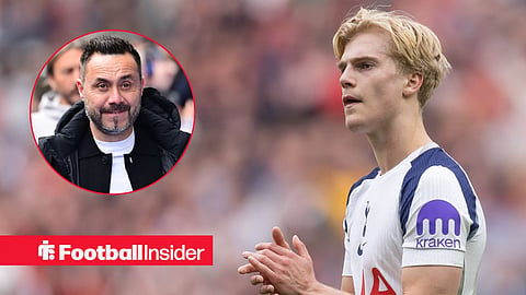 Tottenham midfielder Lucas Bergvall applauds after a game, while manager Roberto De Zerbi looks concerned in a circular inset.