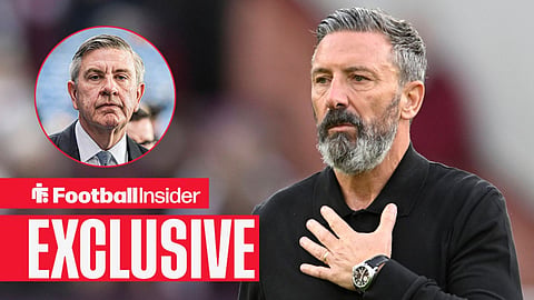 Derek McInnes with his hand to his chest looking left at Andrew Cavenagh left inset looking at camera