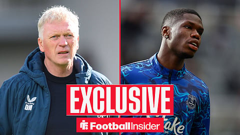 Football Insider exclusive as Everton manager David Moyes stares across a split image towards striker Thierno Barry, who is warming up for a game.