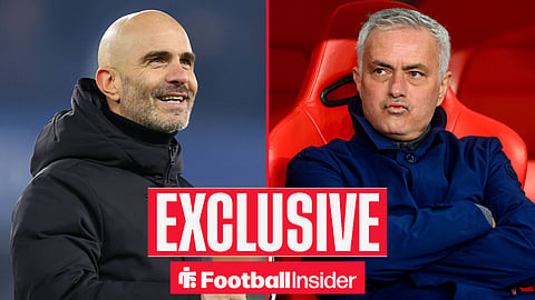 Enzo Maresca smiling looking upwards in a coat left and Jose Mourinho sat in dugout looking annoyed on right