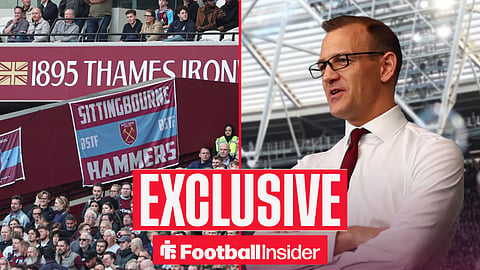 Football Insider exclusive as West Ham fans and investor Daniel Kretinsky feature on either side of a split image.