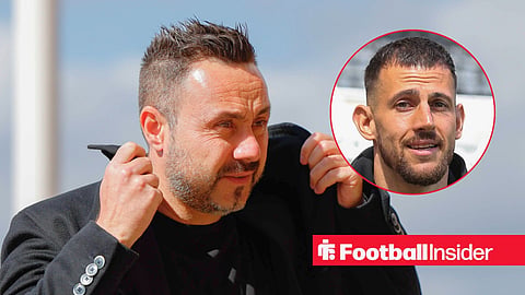 Main image of Tottenham manager Roberto De Zerbi fixing his collar while walking with Martin Dubravka's face in circular inset on the right