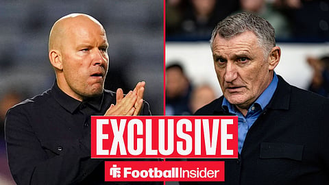Football Insider exclusive as Sheffield Wednesday manager Henrik Pedersen applauds, while Blackburn boss Tony Mowbray watches from the other side of a split image.