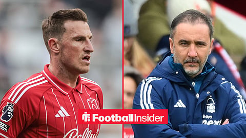 Chris Wood playing for Nottingham Forest on left and Vitor Pereira will arms folded in Nottingham Forest coat on right